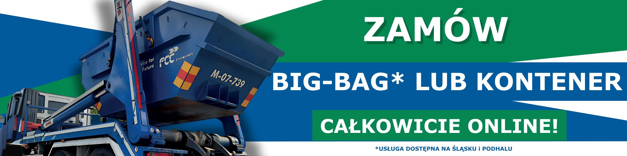 Baner promujący możliwość zamówienia kontenera lub worka Big Bag przez internet
